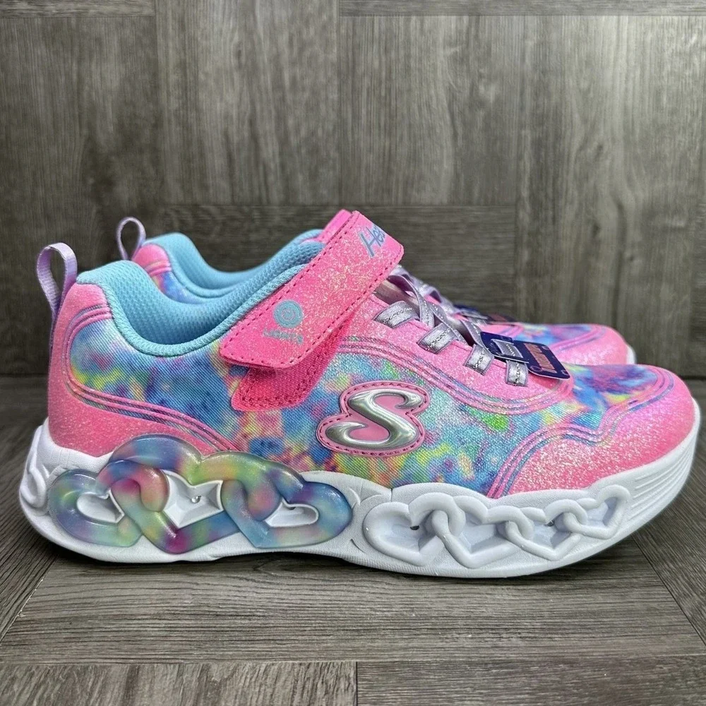 Skechers Sneakers Kids 3 Pink Tie Dye Glitter Light Up Heart Lights NEW 303753L